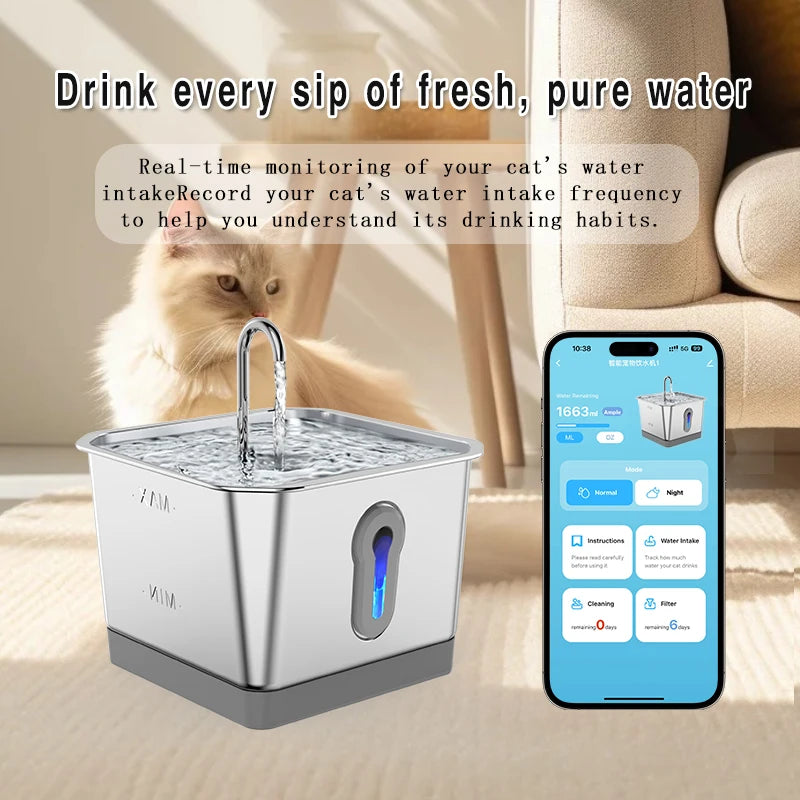 Stainless Steel Cat Water Fountain With App Control