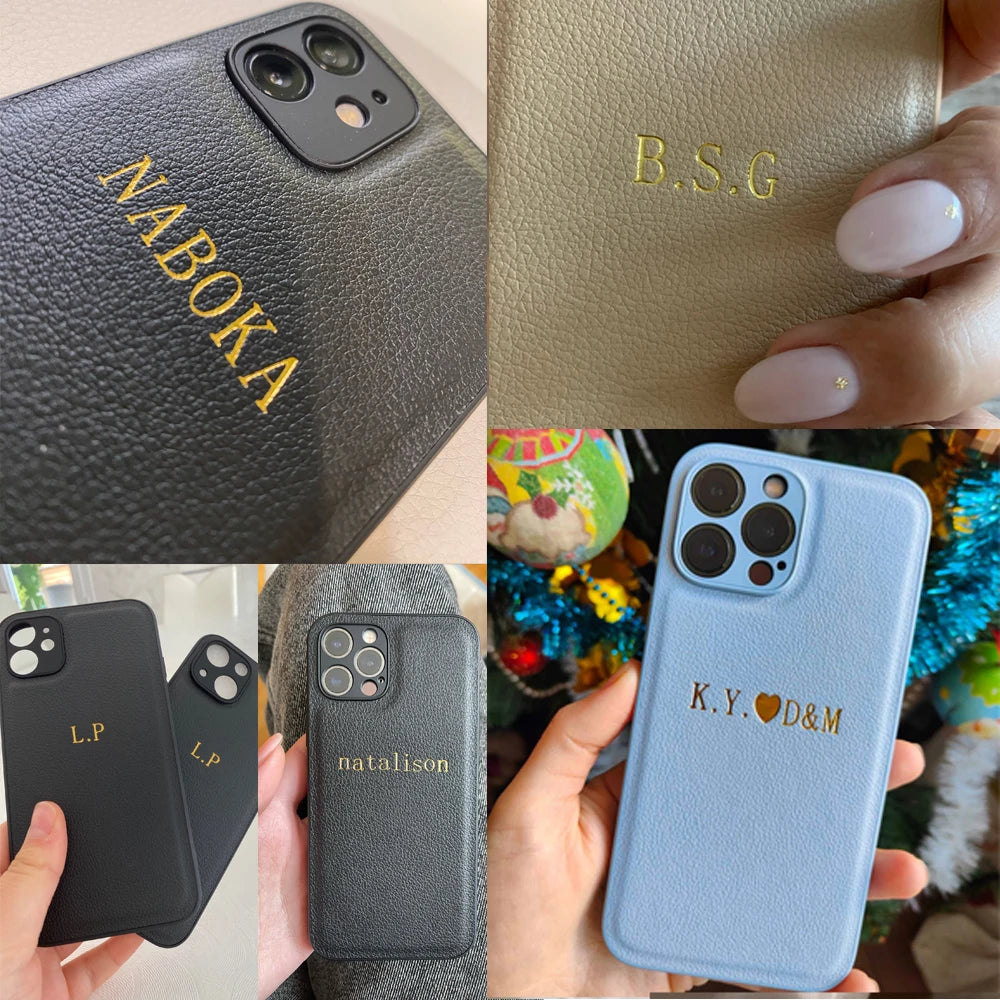 Personalised Customized Name Case For iPhone 15 14 13 12 11 Pro Max Initials Letters Leather DIY Engraved Cover 13 14 15 Pro Max