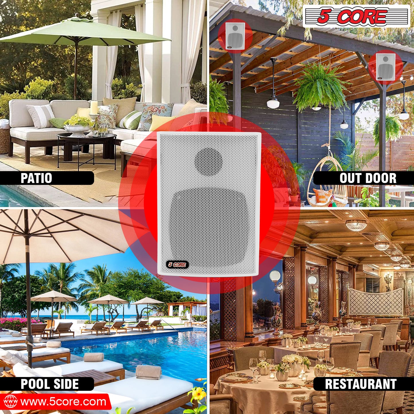 5 Core Outdoor Speakers Stereo In Wall Speaker Pair 100W Peak Passive Outside Surface Mount Wired Waterproof Patio House Garage Indoor Exterior Audio System Out Door Bocinas Para Casa - 13T WH 1PK